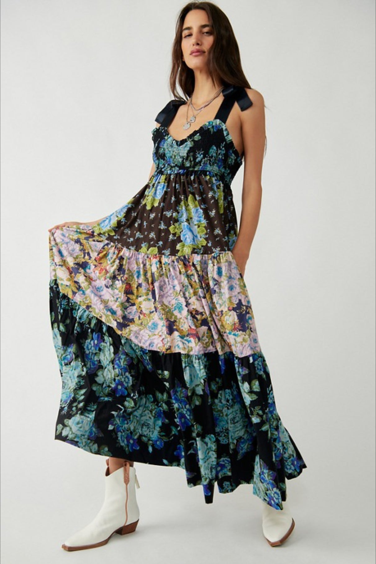 Smocked V Neck Bow Shoulder Strap Mixed Floral Tiered Maxi Dress 13