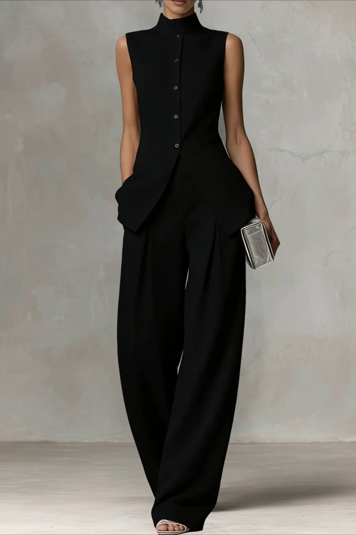 Drape Sleeveless Shirt Elegant Two Piece Work Set