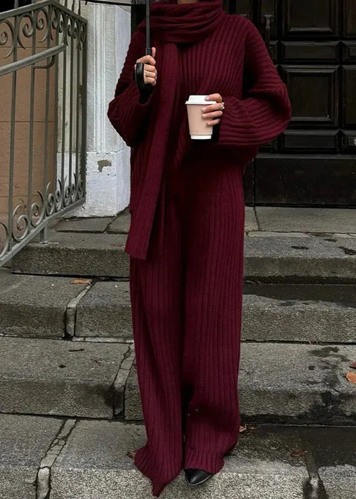 V-Neck Sweater and Wide-Leg Trousers Set