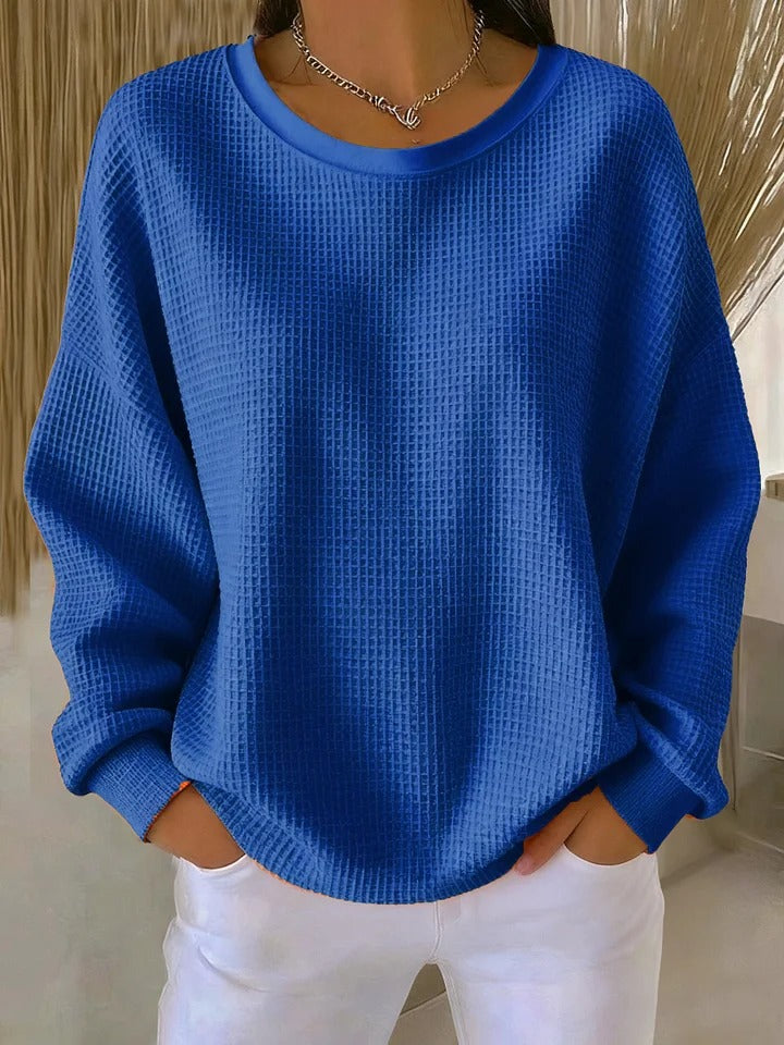 Round Neck Waffle Knit Long Sleeve Drop Shoulder Sweater 6