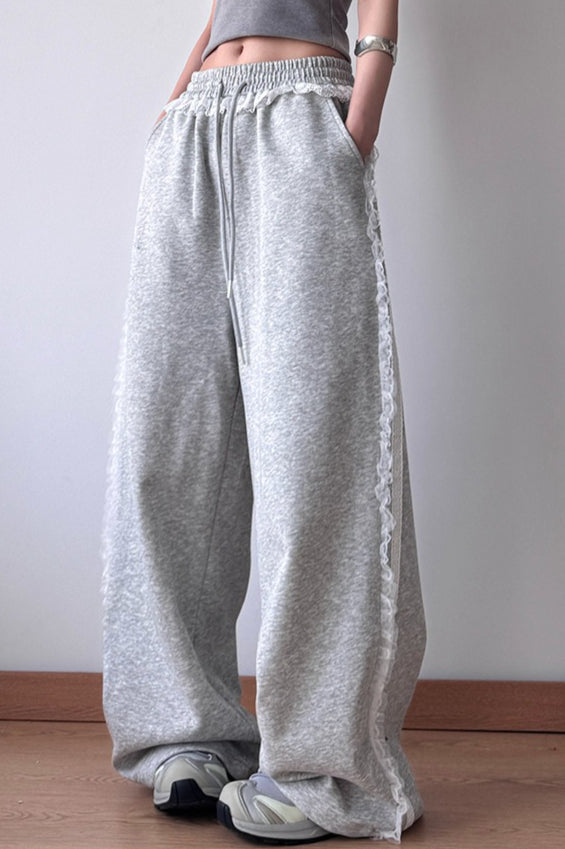 Lace Trim Wide Leg High Waist Pants