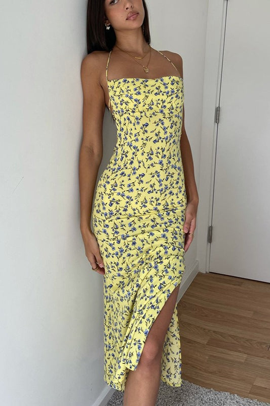 Yellow Halter Neck Backless Ditsy Floral Print High Slit Midi Dress 2