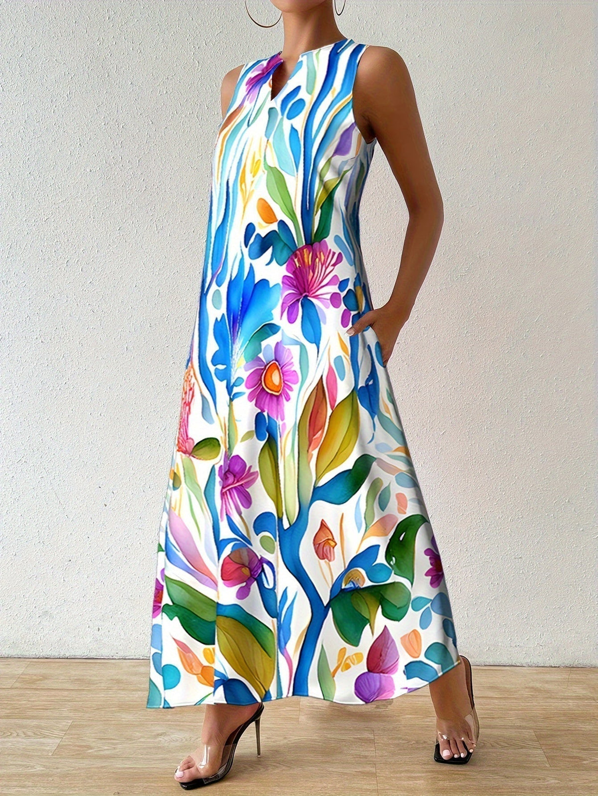 Notch V-Neck Abstract Floral Sleeveless Pocket A-Line Maxi Dress