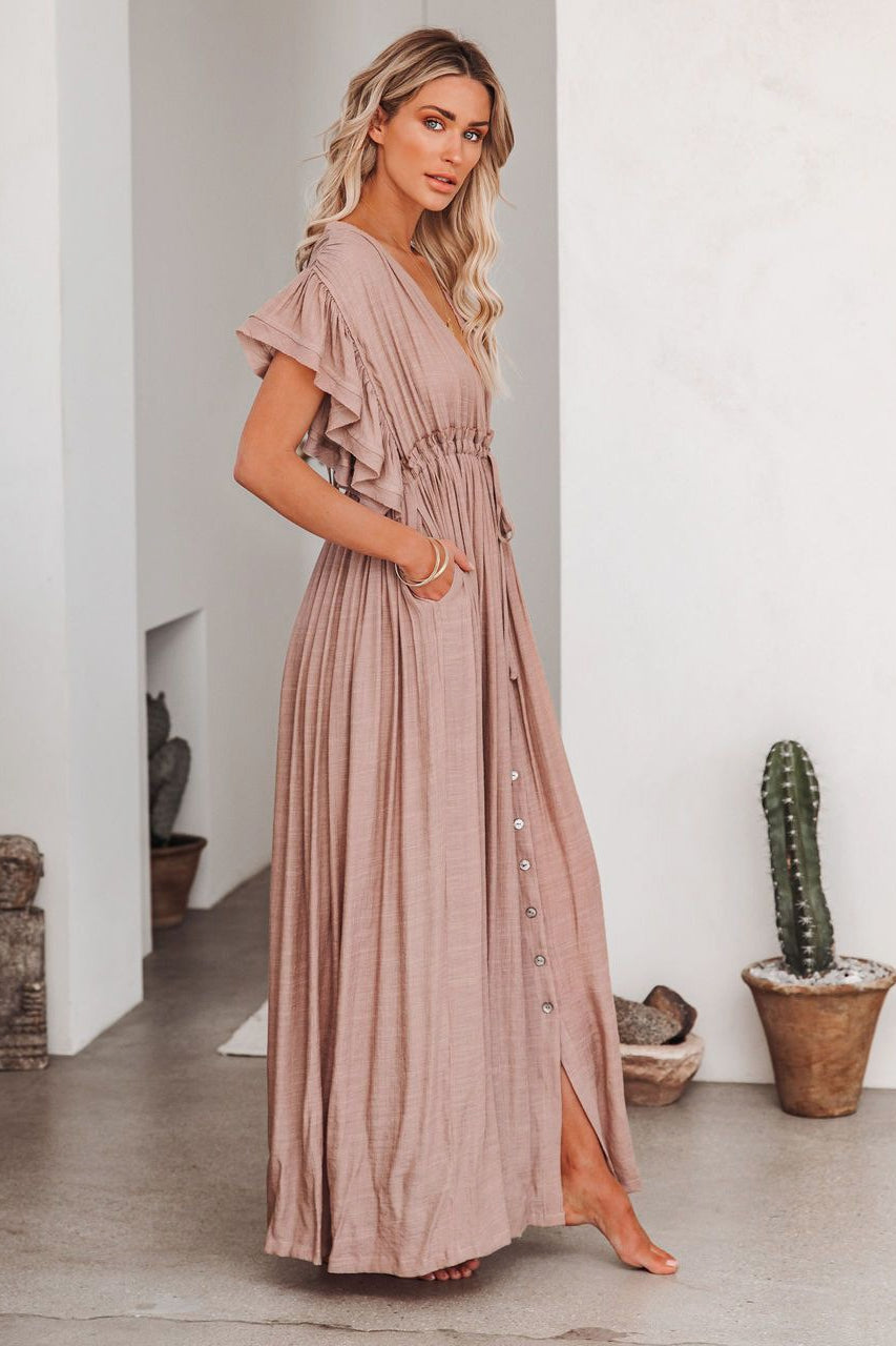 Deep V Neck Ruffle Sleeve Drawstring Waist Button Front Pocket Maxi Dress 15