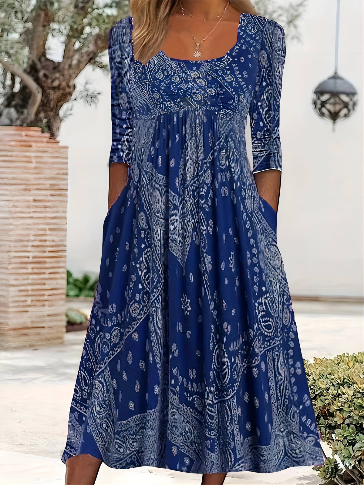Square Neck Paisley Print Empire Waist Pocket Midi Dress 3