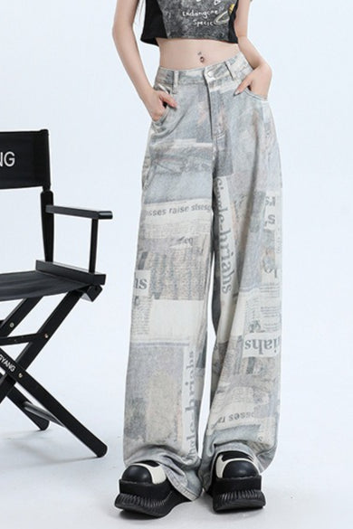 Newspaper Print Wide Leg Jeans