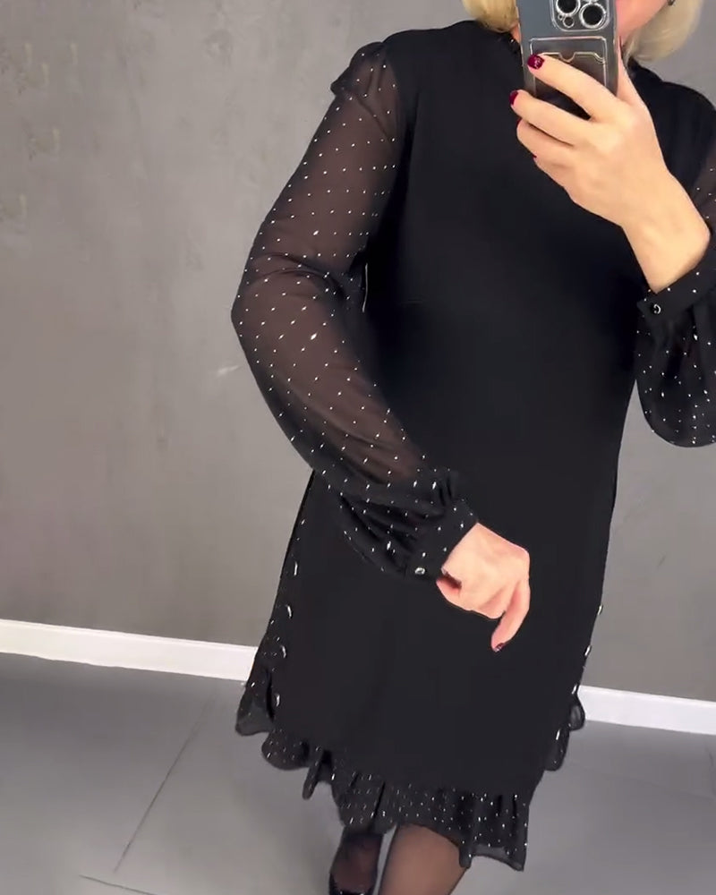 Round Neck Dot Mesh Sleeve Ruffle Hem Shift Midi Dress 6