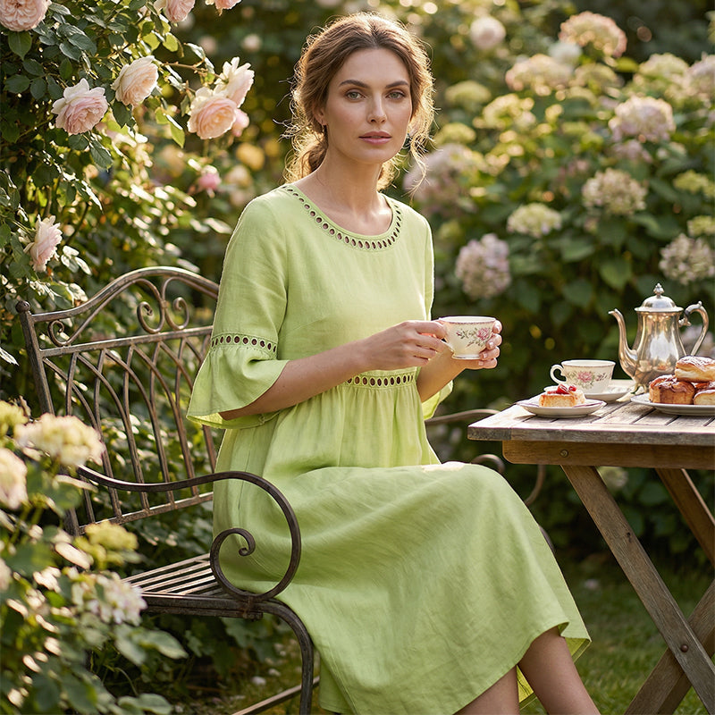 Round Neck Crochet Lace Trim Bell Sleeve Empire Waist Midi Dress 10