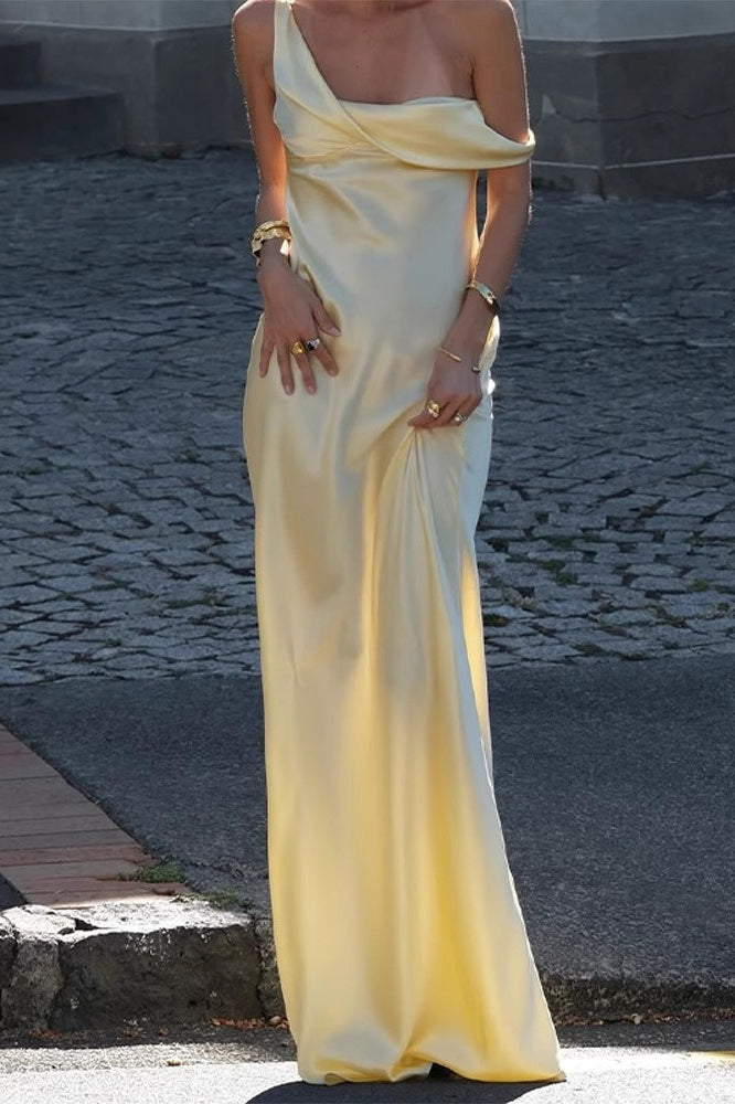 Solid Color Asymmetrical Shoulder Backless Strapless Formal Dress