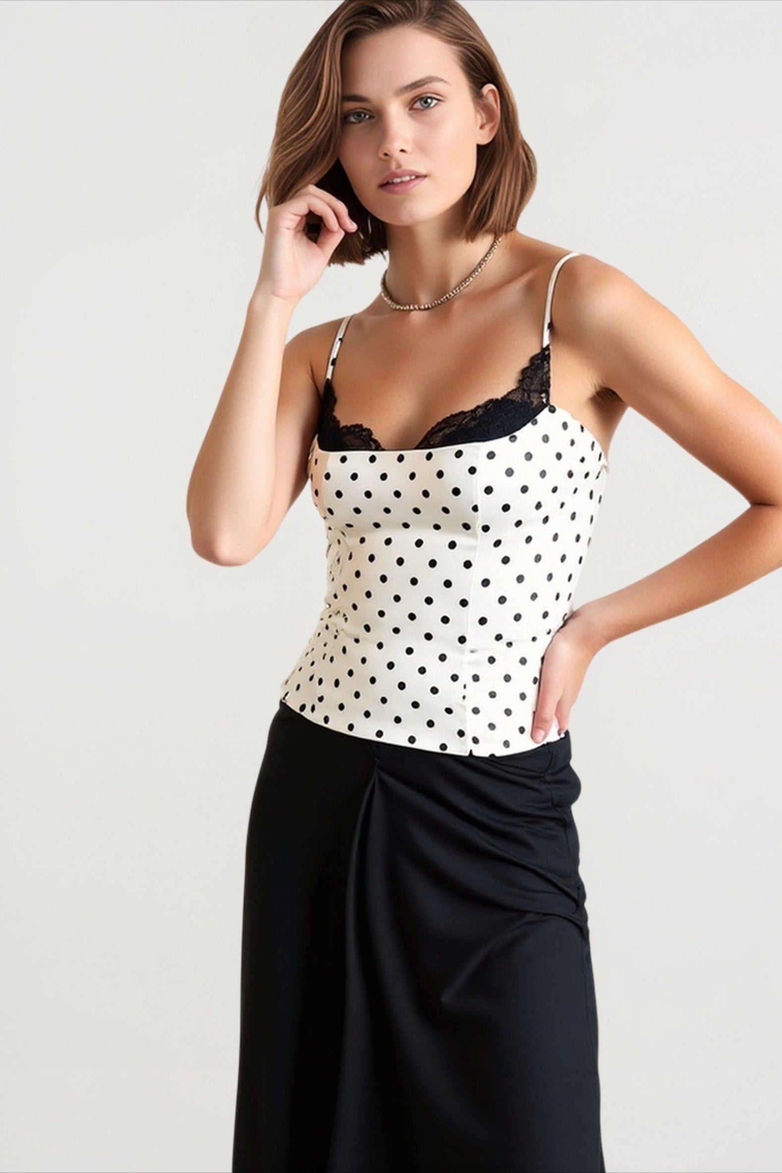 Polka dot lace panel cami top