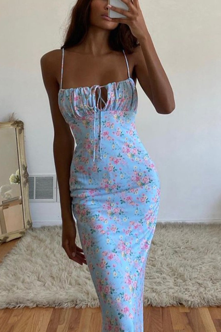 Floral Ruched Backless Tie Cami Mermaid Maxi Bodycon Dress