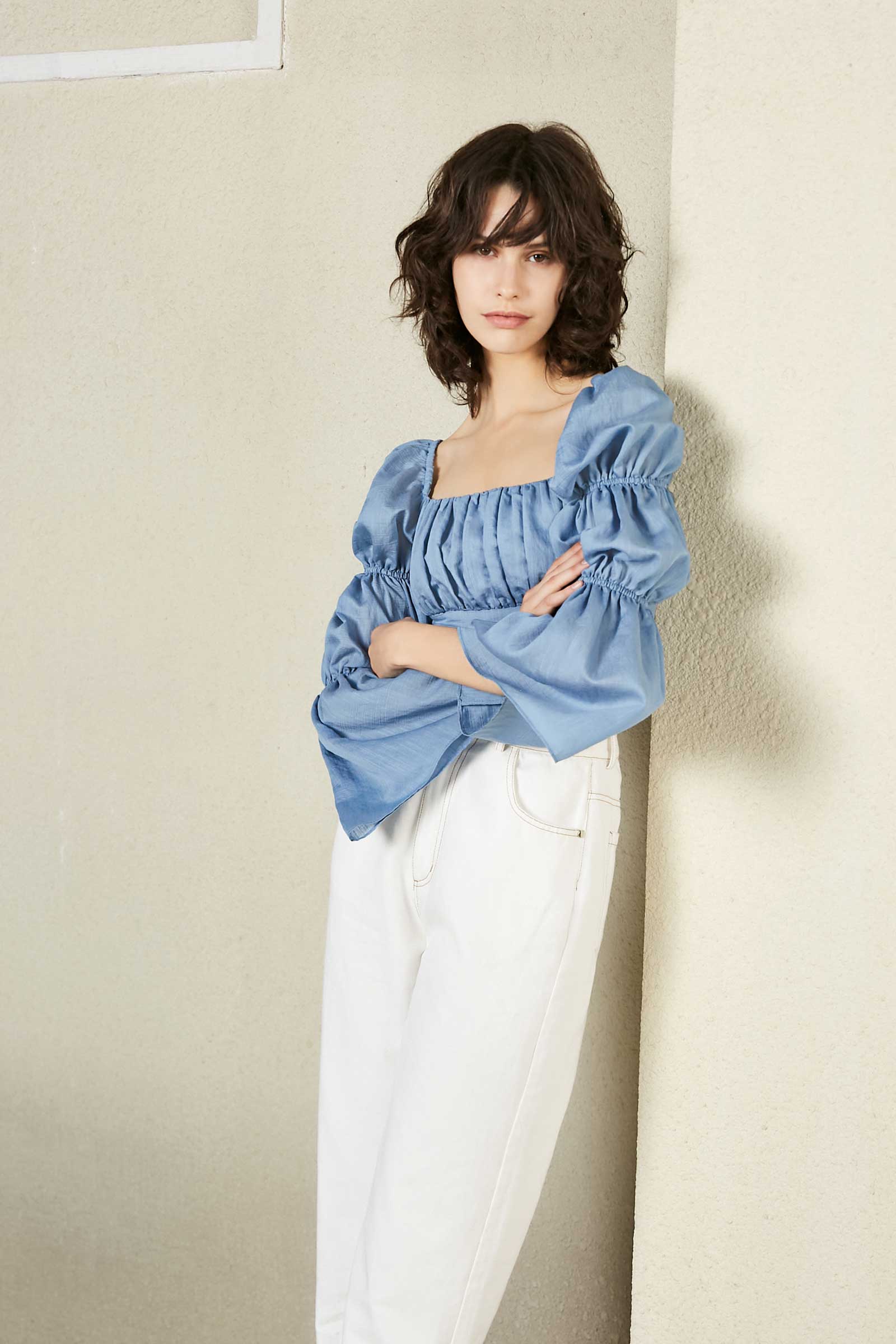 Cathy Blue Wide Cropped Blouse