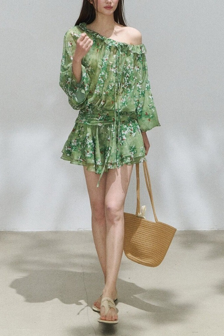 Romantic Ruffle Off Shoulder Waist Short Floral Dress