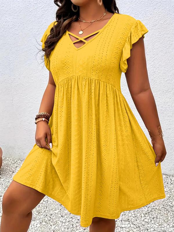 Crisscross V-Neck Flutter Sleeve Eyelet Babydoll Mini Dress
