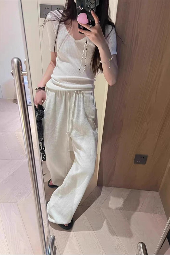 Relaxed Washed Linen Wide Leg Drawstring Pants