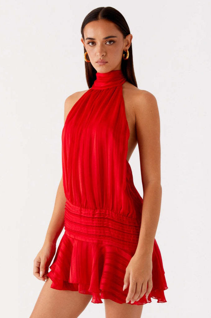 Halter Neck Pleated Collar Drop Waist Ruffle Flounce Mini Dress 13