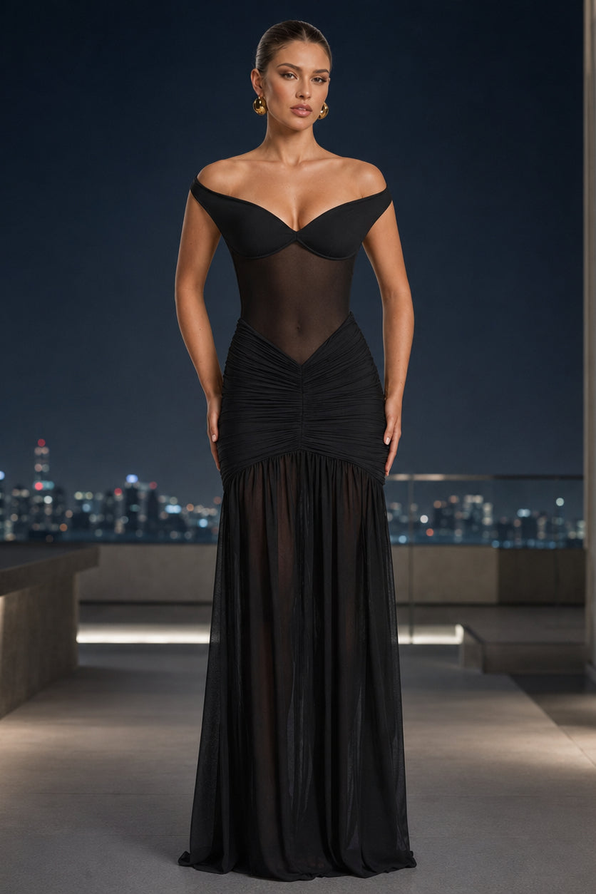 Strapless Backless Mesh Ruched Slit Party Dress
