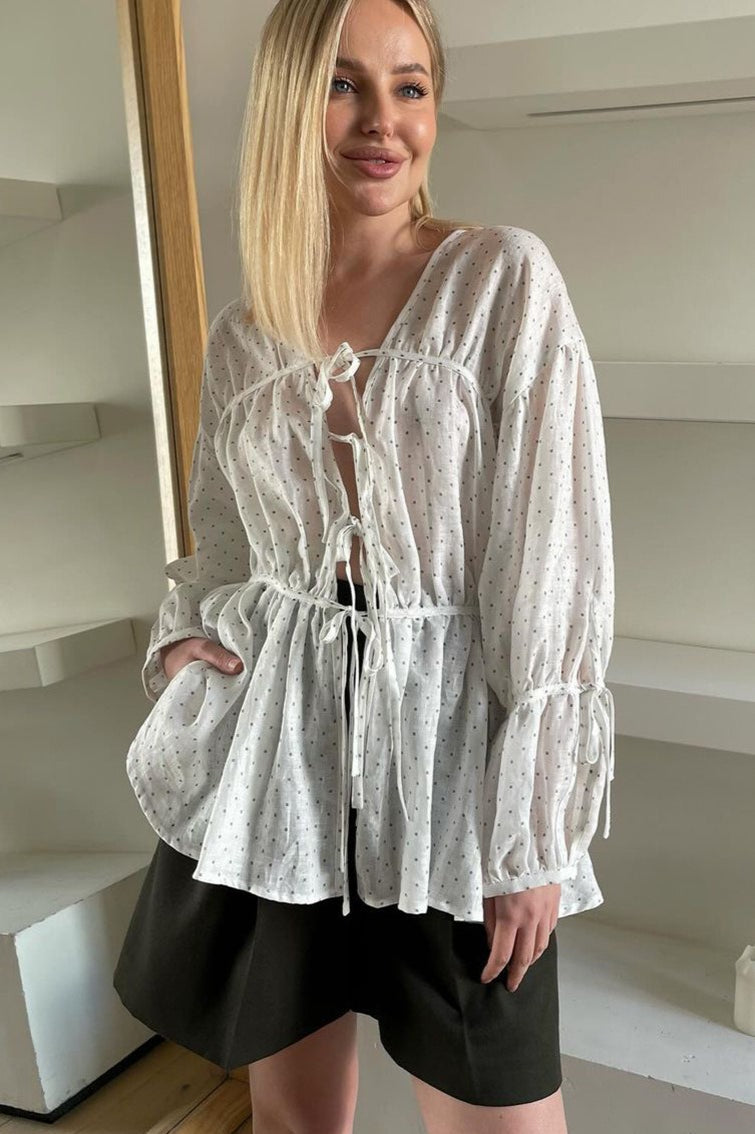Loose Fit VNeck Tie Long Sleeve Crop Top