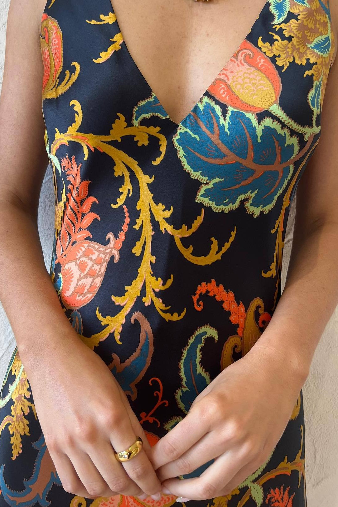 Satin VNeck Floral Maxi Silk Dress
