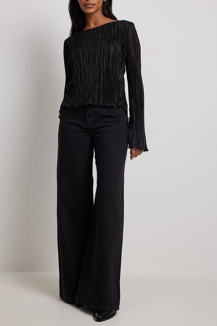 Pleated Slim Flared-Sleeve Back-Tie Blouse
