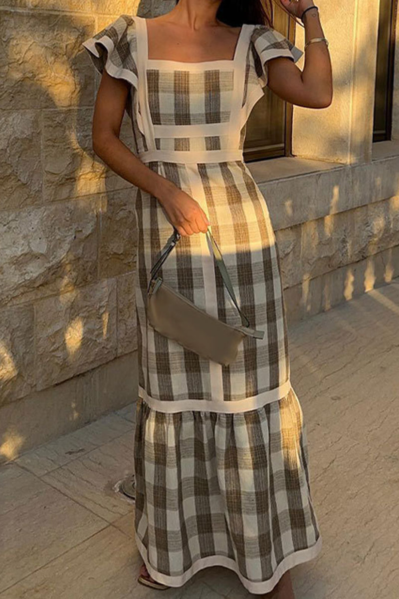 Keira Aesthetic Casual Plaid Patchwork Flounce Square Collar a Line Dresses Boutique Collection