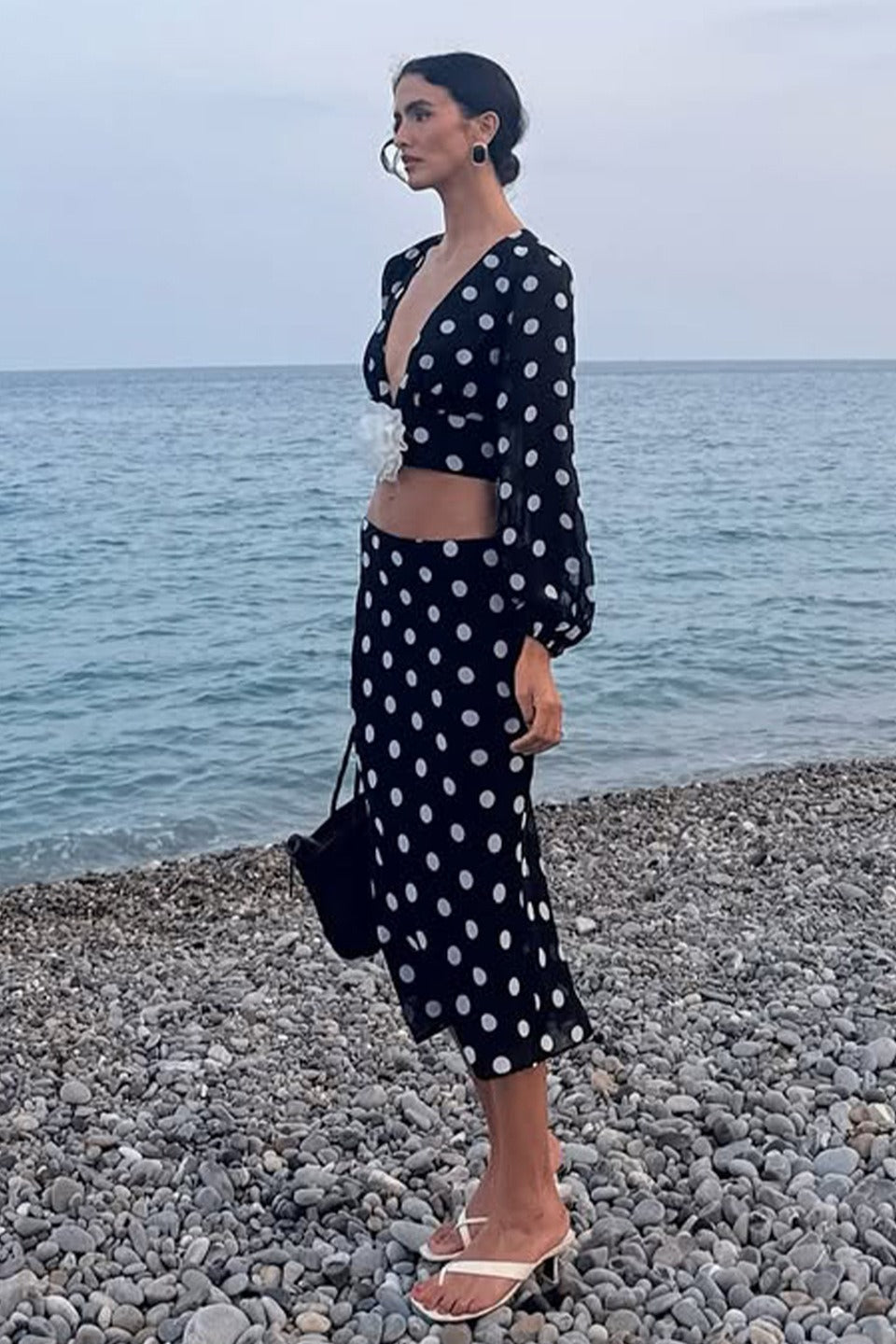 Polka Dot VNeck Crop Skirt Two Pieces Set