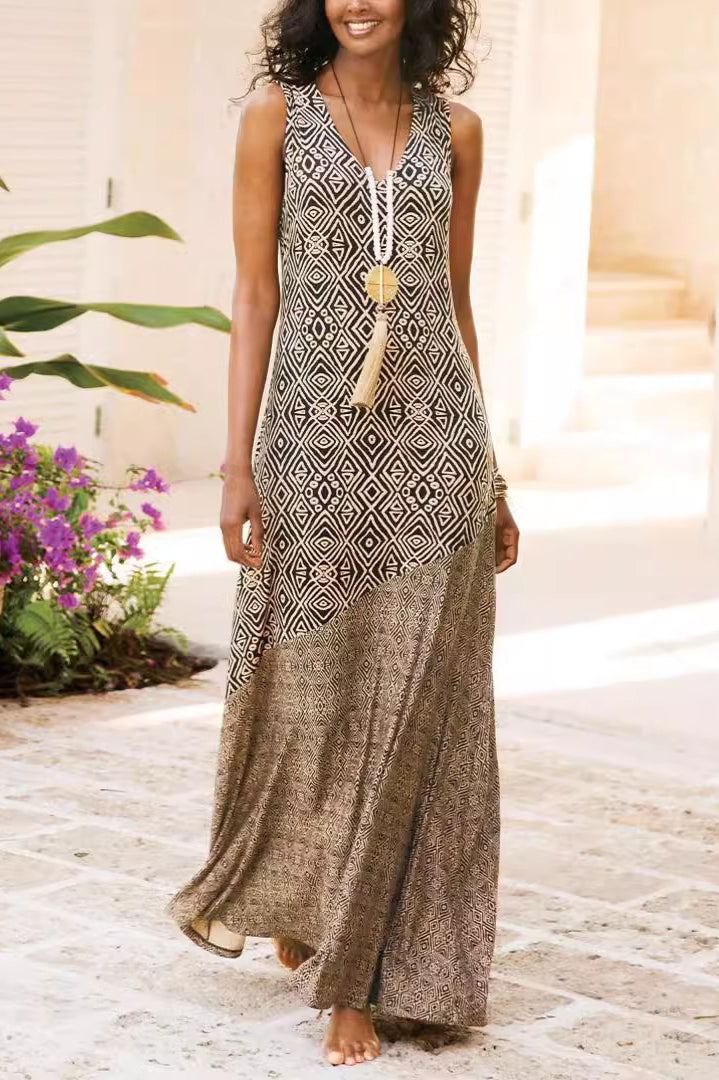 Printed Splicing Boho Vintage Boho Dress Khaki / S