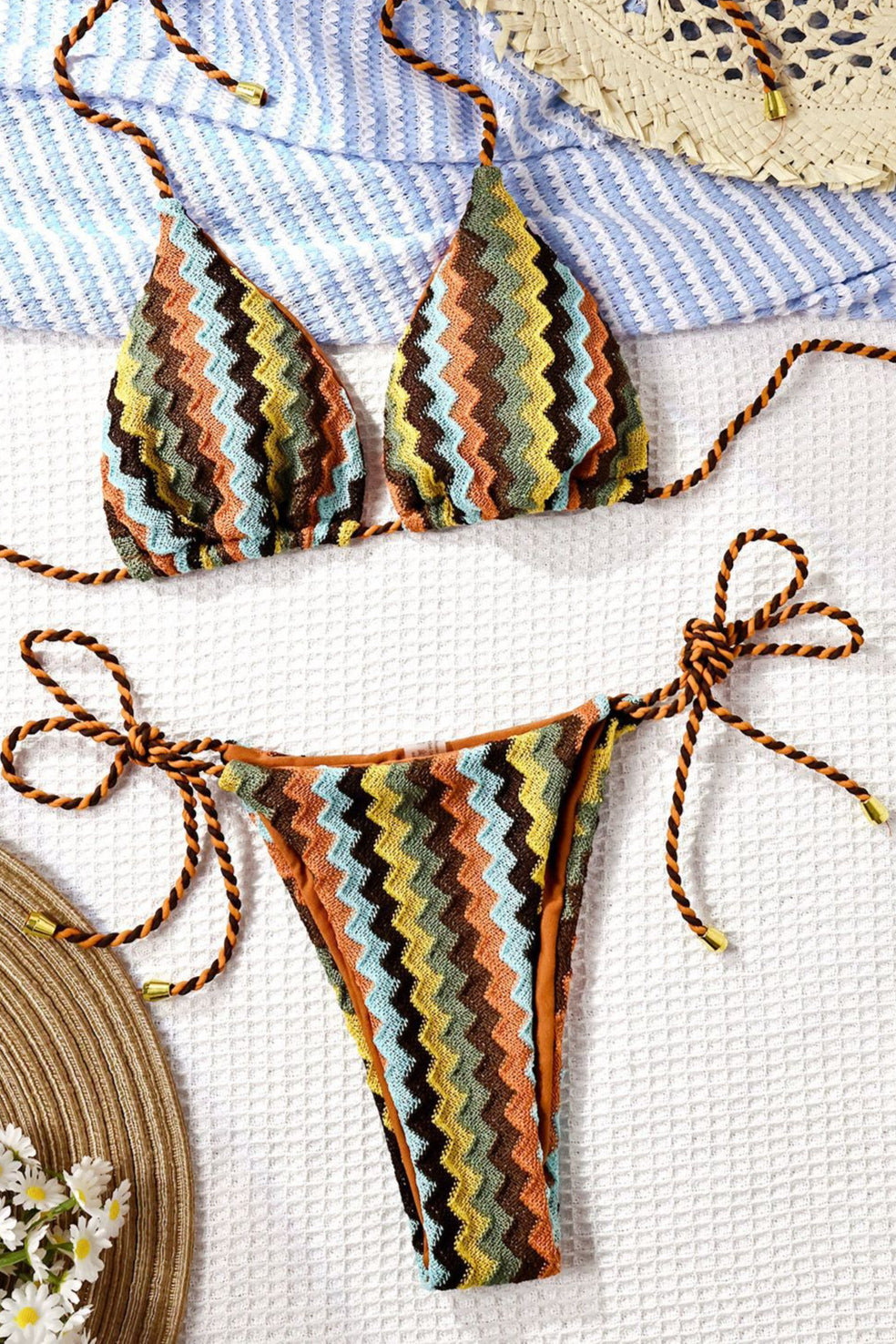 Macrame Embroidery Halter Triangle Bikini Set