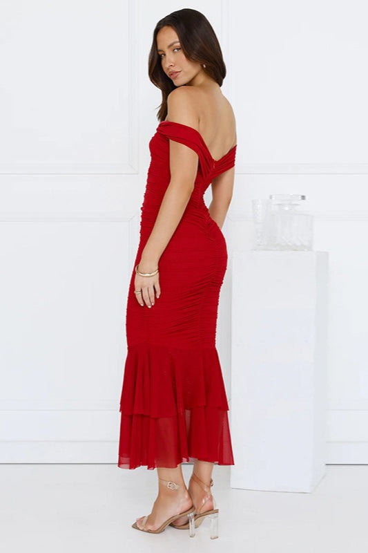 Layered Mermaid Ruched Midi Dress