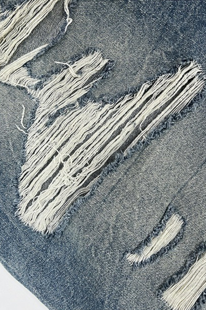 Distressed Frayed Hem Mid Length Denim Shorts