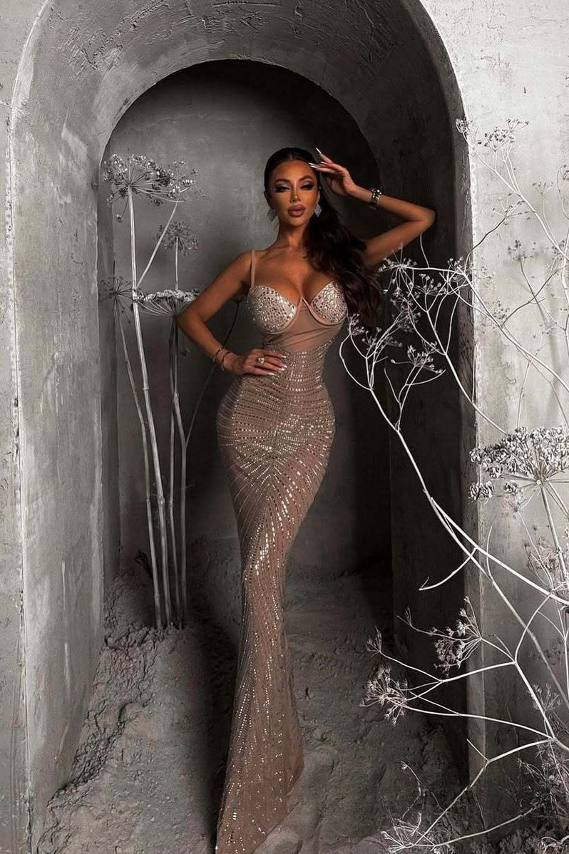 Rhinestone V-Neck Cami Ruched Fishtail Party Dress