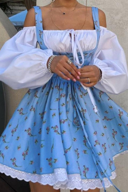 Two Piece Puff Sleeve Strapless Floral Dress