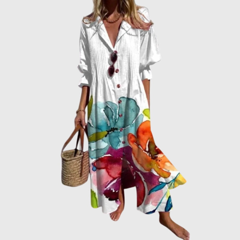 V-Neck Floral Print Long Sleeve Tiered Bohemian Maxi Dress