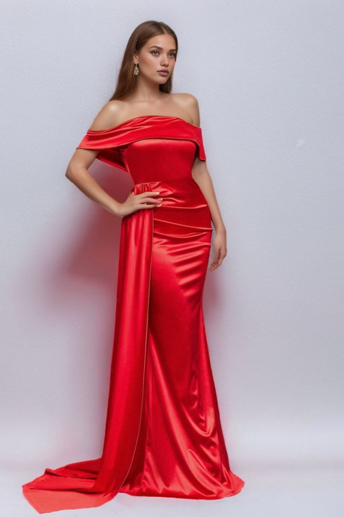 Solid Satin OffShoulder Strapless High Waist Formal Dress