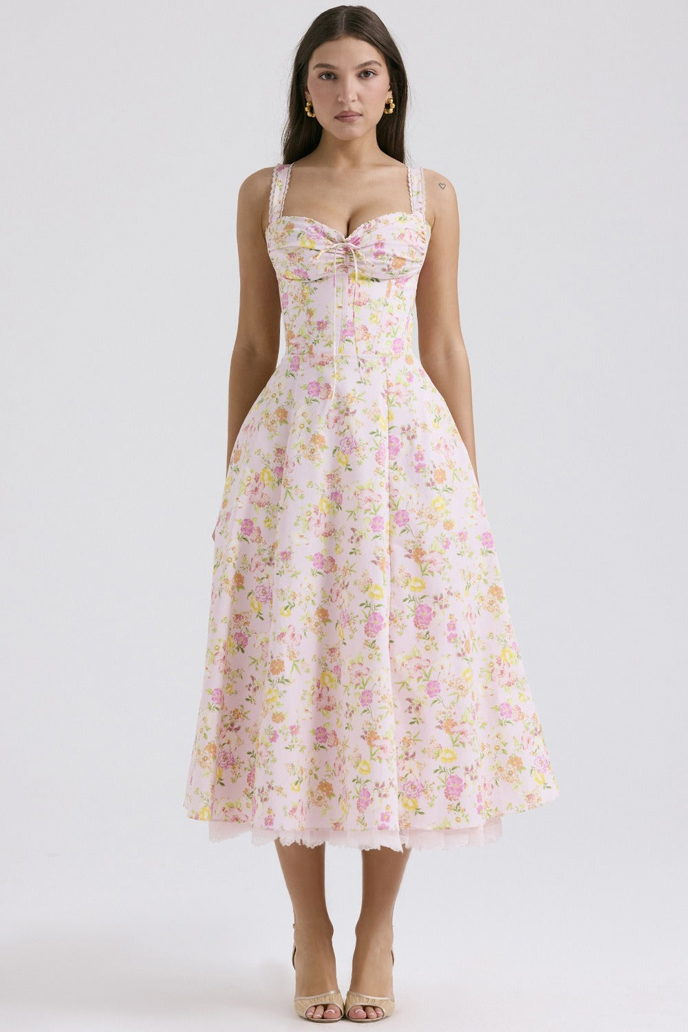 Wide Strap Lace Trim Corset Bodice Floral Print A-Line Midi Dress 9
