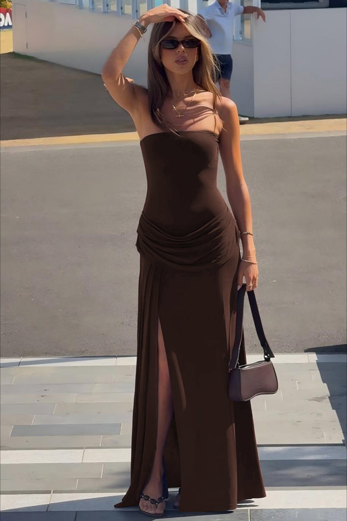 Plain Tube Top Pleated Split Curve Slip Dress