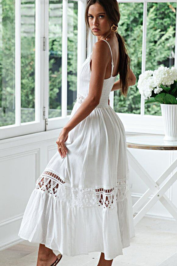 White Deep V Neck Crochet Lace Insert Button Front Ruffle Hem Midi Dress 3