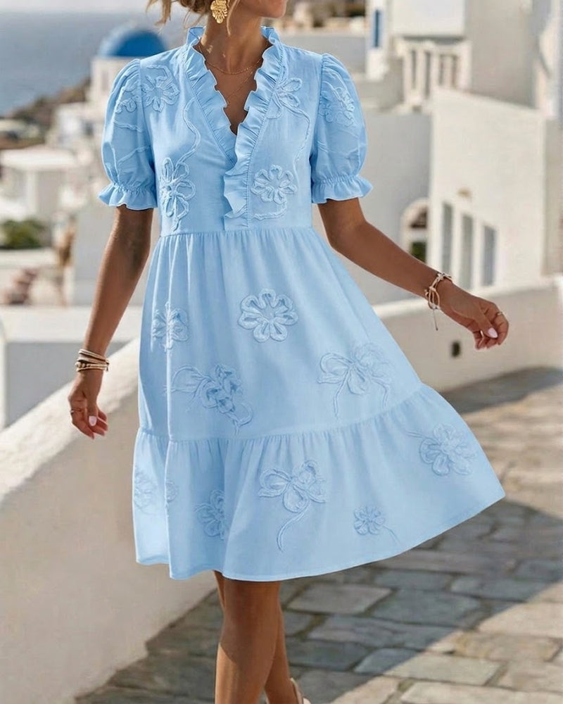 Ruffle V-Neck Floral Embroidered Puff Sleeve Tiered Mini Dress 7