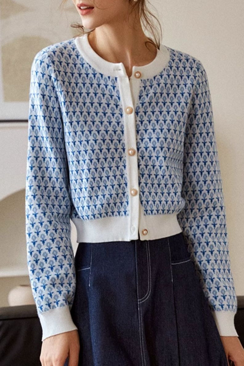 Light Blue Crew Neck Long Sleeve Short Cardigan