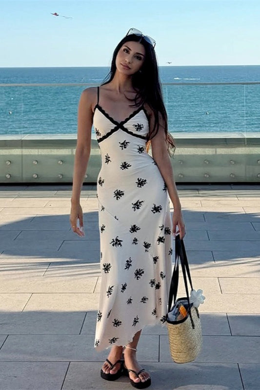 Contrast Print Lace Trim Maxi Slip Dress