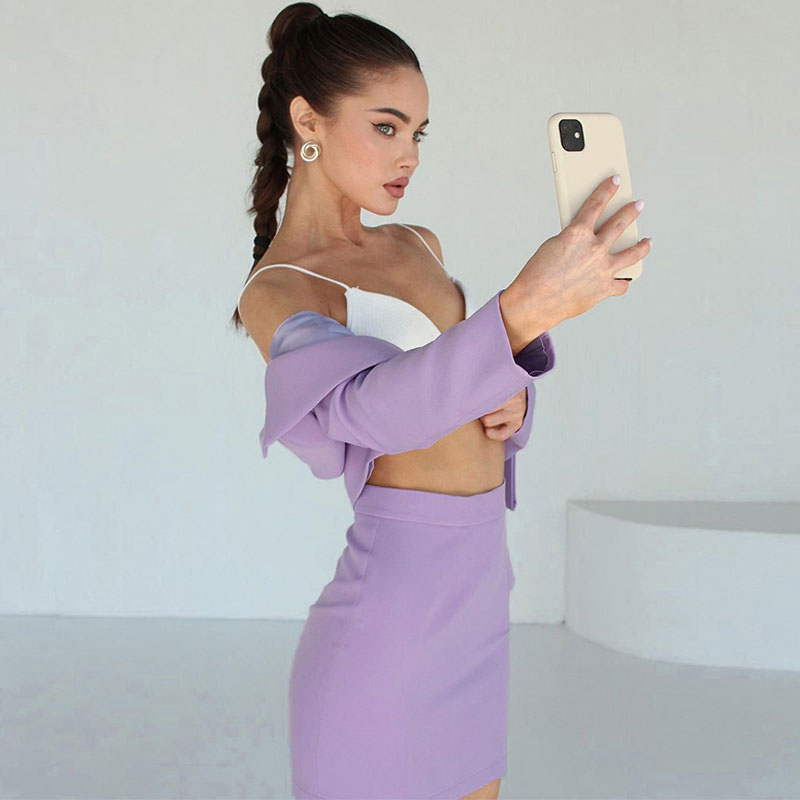 Purple Lapel Collar Crop Blazer Bodycon Mini Skirt Matching Set