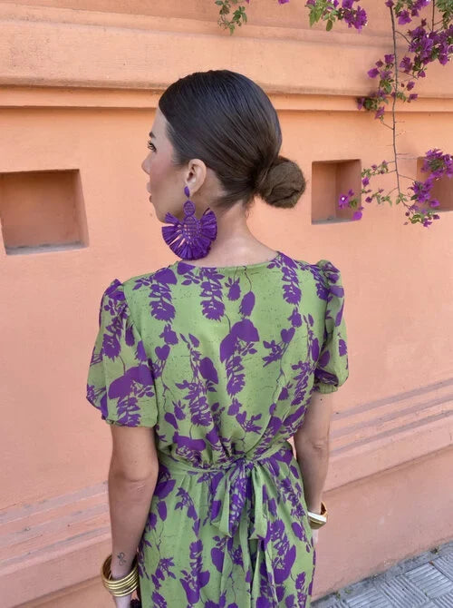 V-Neck Puff Sleeve Abstract Leopard Print Ruched Bodycon Midi Dress