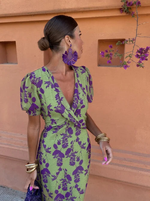V-Neck Puff Sleeve Abstract Leopard Print Ruched Bodycon Midi Dress