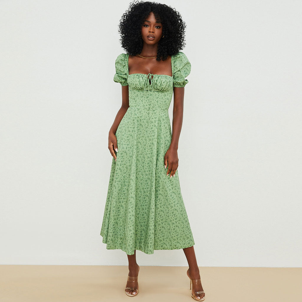 Green Square Neck Floral Puff Sleeve High Slit Smock Maxi Dress