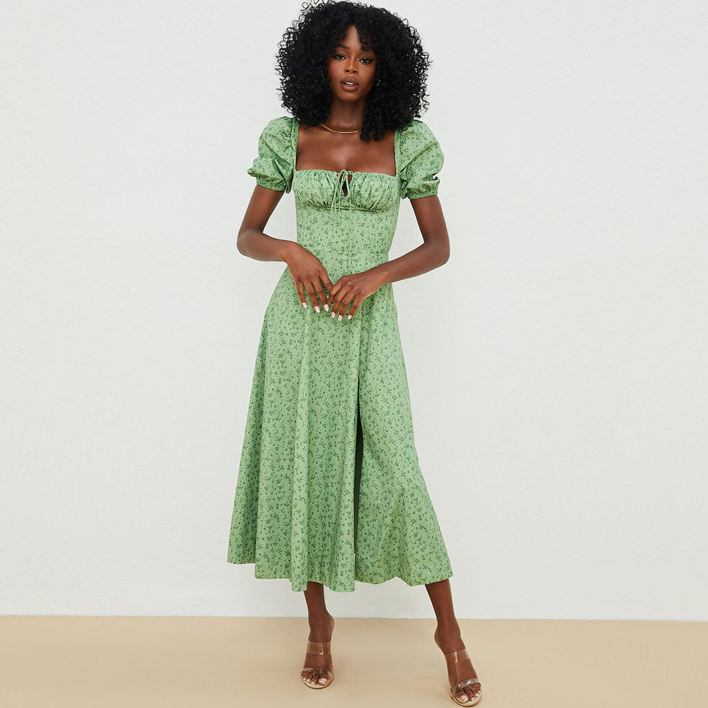 Green Square Neck Floral Puff Sleeve High Slit Smock Maxi Dress