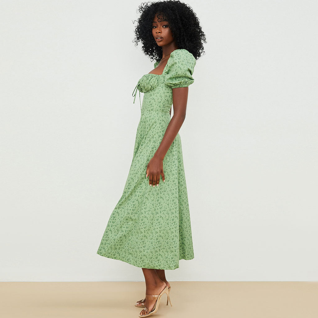 Green Square Neck Floral Puff Sleeve High Slit Smock Maxi Dress