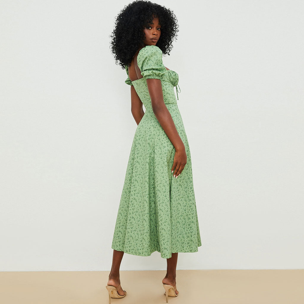 Green Square Neck Floral Puff Sleeve High Slit Smock Maxi Dress