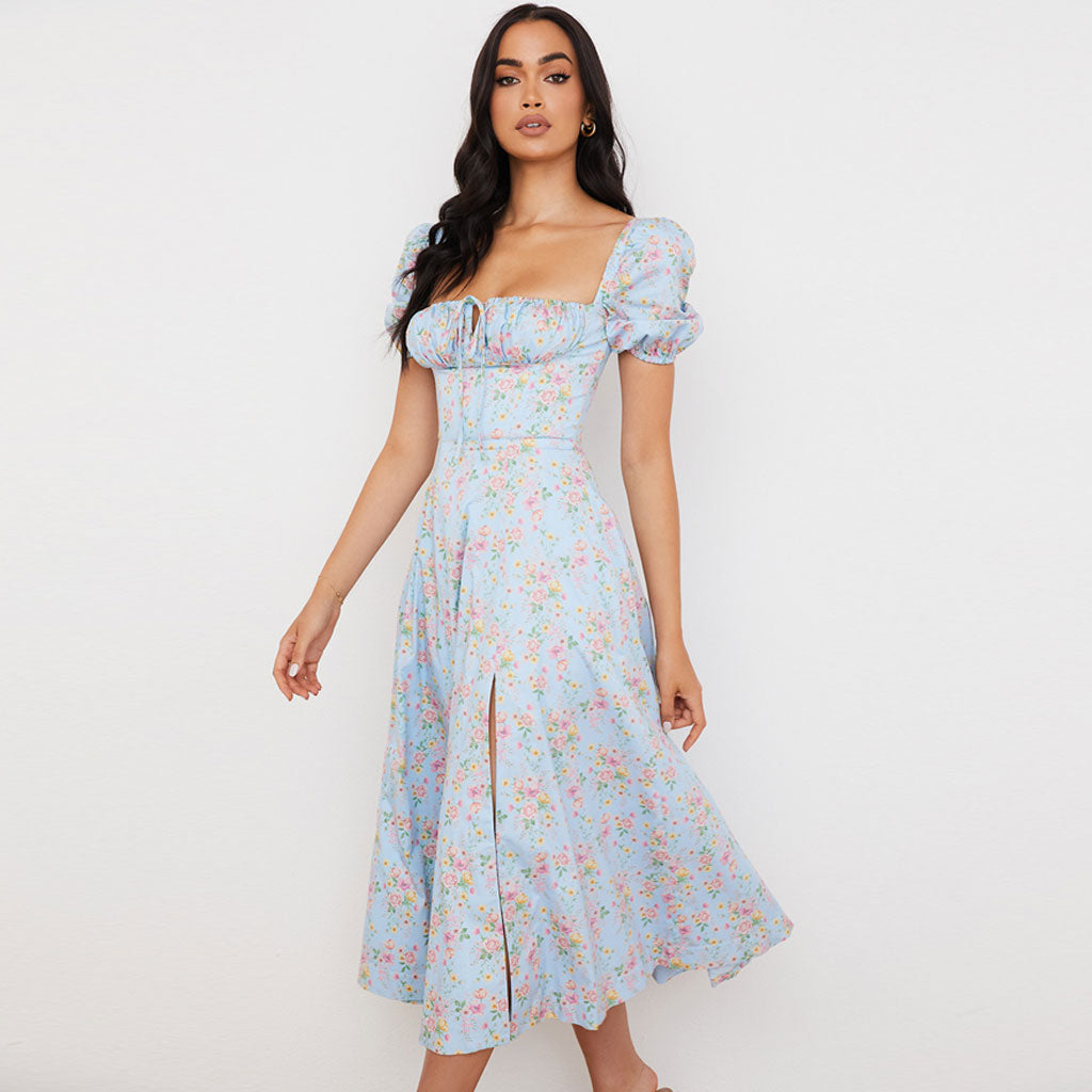 Light Blue Square Neck Floral Puff Sleeve High Slit Smock Maxi Dress