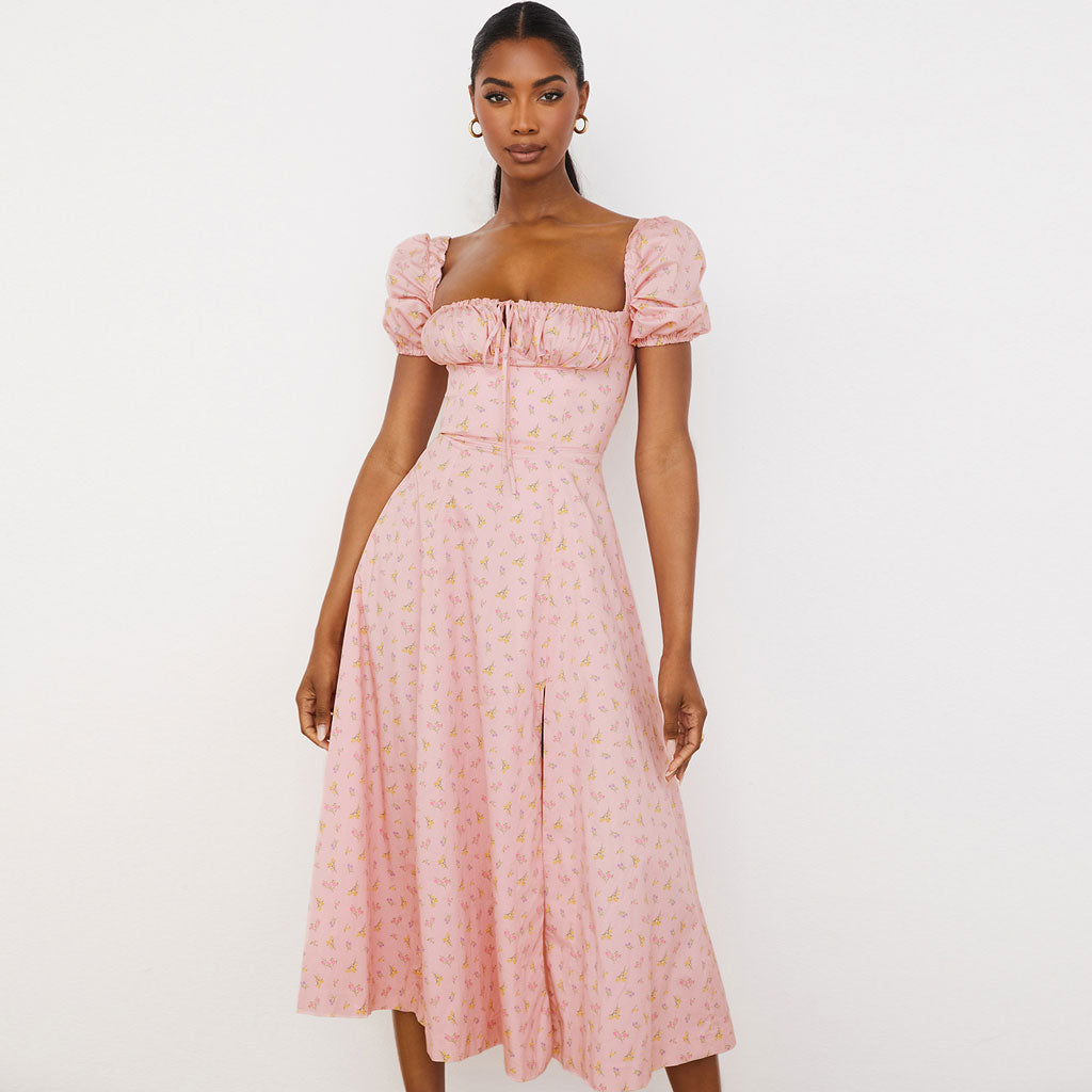 Pink Square Neck Floral Puff Sleeve High Slit Smock Maxi Dress