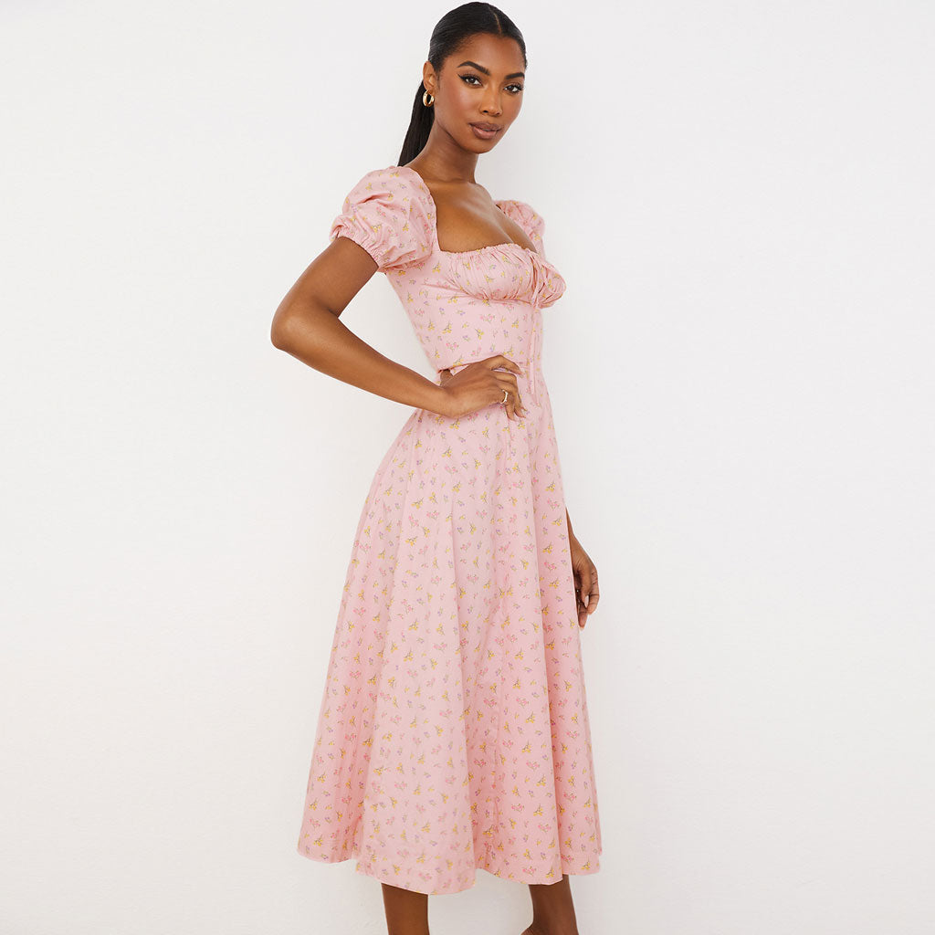 Pink Square Neck Floral Puff Sleeve High Slit Smock Maxi Dress